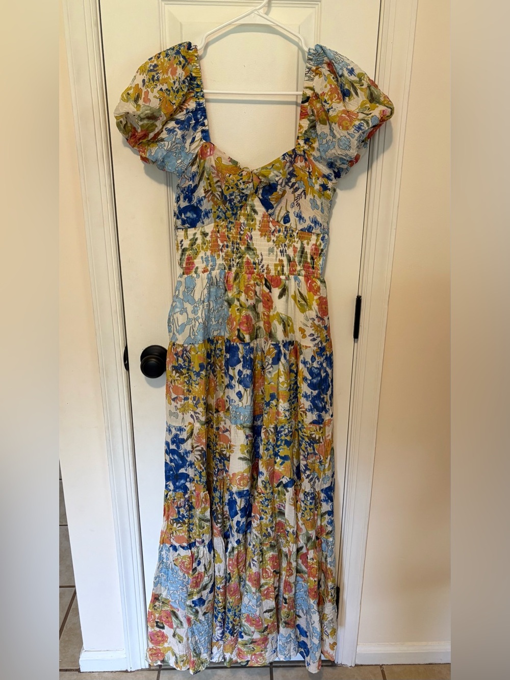 THML Floral Puff-Sleeve Maxi Dress in Blue, Yellow & Cream